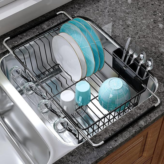 JASIWAY Black Dish Drying Rack in Sink, Dish Drainer with Utensil Holder | Over The Sink Expandable Stainless Steel Strainer Dryer Rack for Small Kitchen, Counter Space Saving, Fast Drain, Rustproof by JASIWAY