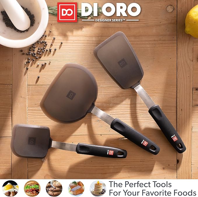 DI ORO 7-Piece Silicone Kitchen Utensil Set - 600°F Heat-Resistant Nonstick Flexible Silicone Turner & Seamless Spatulas & Spoons - Nonstick Cookware Safe Tools for Baking & Cooking - BPA Free (Black) - Image 6