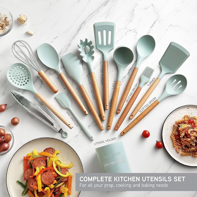 Country Kitchen Non Stick Silicone Utensil Set with Rounded Wood Handles for Cooking and Baking, 14 Piece Set, Mint - Image 5