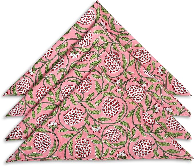 Strawberry Pink Hand Block Print 100% Cotton Napkins 18" x 18" (Set of 4) Reuseable Kitchen Napkins Cloth Decor Dinner Party Wedding Cocktail Gift for Spring, Easter, Summer - Image 2