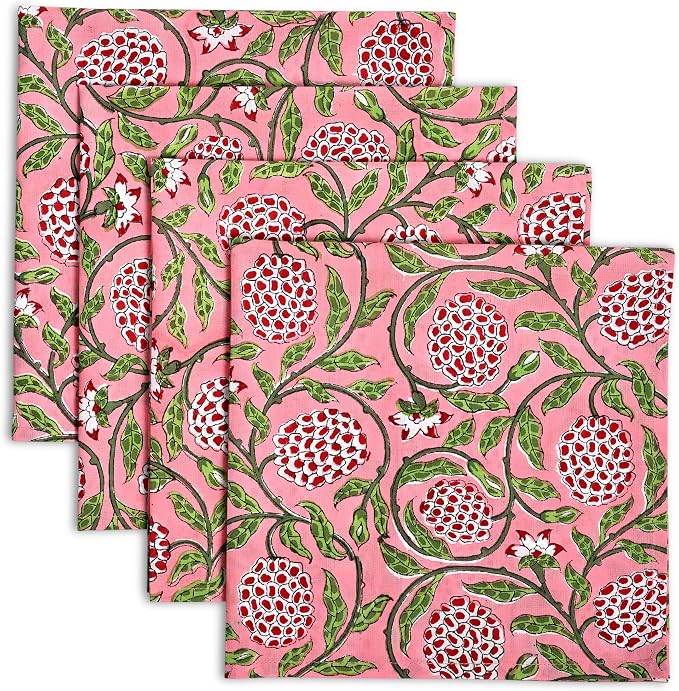 Strawberry Pink Hand Block Print 100% Cotton Napkins 18" x 18" (Set of 4) Reuseable Kitchen Napkins Cloth Decor Dinner Party Wedding Cocktail Gift for Spring, Easter, Summer by Ridhi