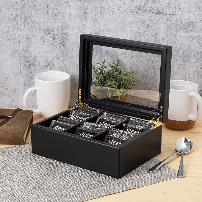 Break Tradition Wooden Tea Organizer For Tea Bags - 6 Compartments, Clear Top Window, Lid Stays Open (Black) - Image 4