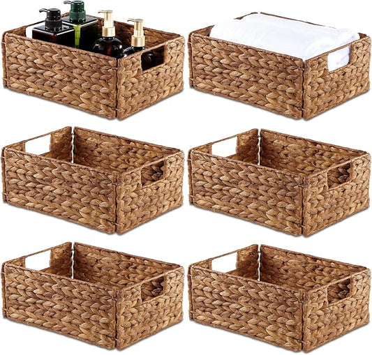 Bluewest Woven Water Hyacinth Storage Baskets with Handles, 6-Pack, Brown | Organizer and Laundry Basket with Carrying Handles, Designed as a Rattan Bin for Shelves, Closets and Household Essentials. by BLUEWEST