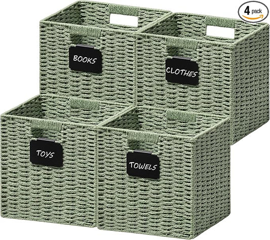 UBBCARE 4 Pack Small Wicker Basket, 9×9 Storage Cubes with Label, Foldable Green Decor Cube Storage Bin with Handle, Square Storage Basket for Shelves, Woven Paper Rope Basket for Organizing, Green by UBBCARE