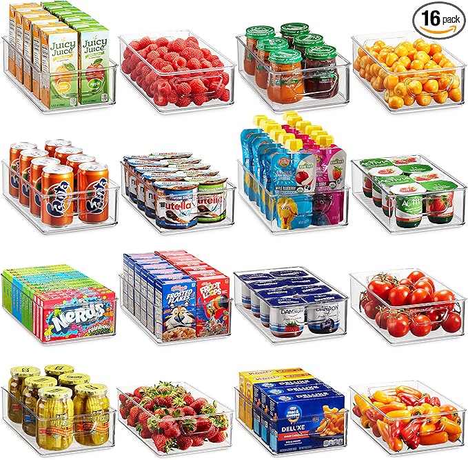 Set Of 16 Refrigerator Organizer Bins - Plastic Pantry Organization and Storage Baskets - Stackable Food Fridge Organizers with Cutout Handles for Freezer, Kitchen, Countertops, Cabinets by Munfix