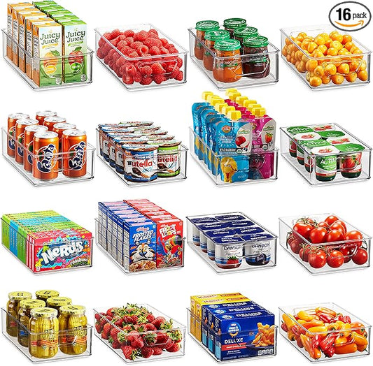 Set Of 16 Refrigerator Organizer Bins - Plastic Pantry Organization and Storage Baskets - Stackable Food Fridge Organizers with Cutout Handles for Freezer, Kitchen, Countertops, Cabinets by Munfix