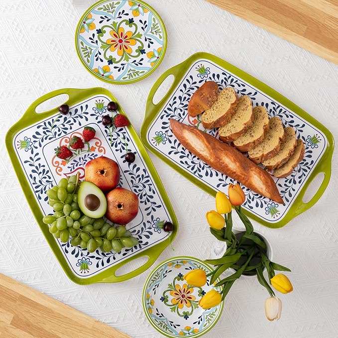 Large Serving Platter with Handles,19”x12”Large Rectangular Melamine Serving Tray Set of 2, Kitchen Food and BBQ Serving Platter, Talavera Grilling Prep and Serve Tray, Dishwasher Safe - Image 4