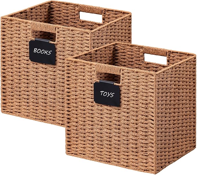 UBBCARE 2 Pack Wicker Basket, 10.5×10.5 Storage Cubes with Label, Foldable Cube Storage Bin with Handle, Square Storage Basket for Shelves, Woven Paper Rope Basket for Organizing, Caramel by UBBCARE
