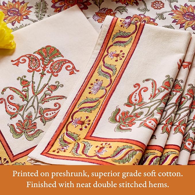 100% Orange Cotton Dinner Napkins, Set of 6, Hand Printed Orange Blossom Design, Fair Trade, Washable Cloth Napkins for Parties & Cocktails 20x20 in - Image 3