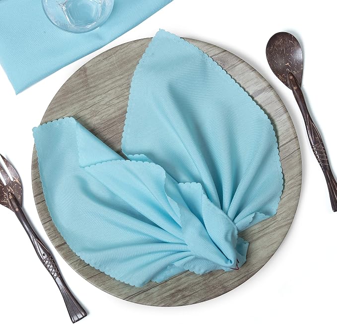 Pack of 25 Polyester Napkins 17 x 17 Inch Square with Scalloped Edge, Plain Washable Reusable Dining Table Cloth Napkin for Wedding Party Banquet Home Restaurant Bistro Decoration - Baby Blue by MDS
