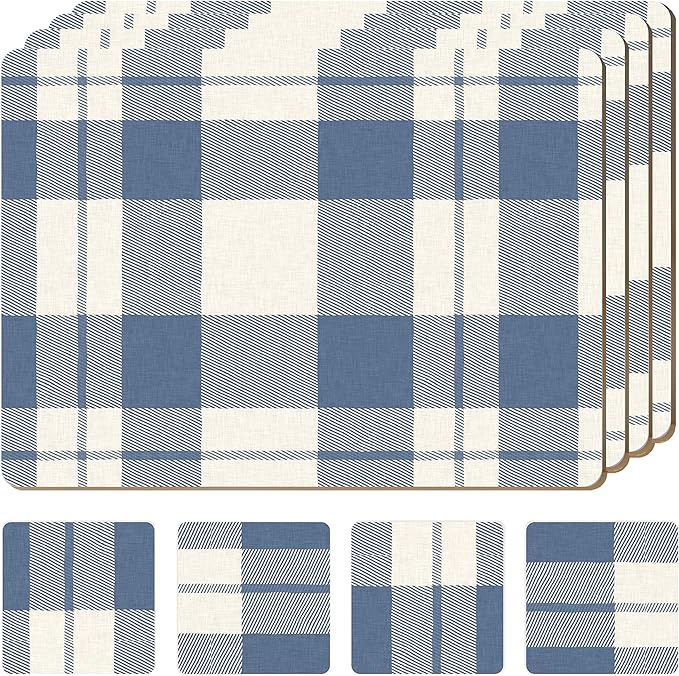 Set of 4 Heat Resistant Country Farmhouse Placemats for Dining Table with Free Set of 4 Matching Drink Coasters Rustic Vintage Design 16 x 12 Inches Cork Backed Hard Placemats/Blue Plaid by Moderry