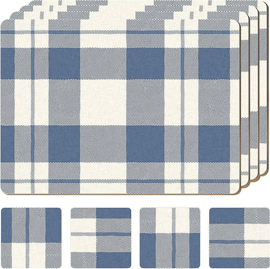 Set of 4 Heat Resistant Country Farmhouse Placemats for Dining Table with Free Set of 4 Matching Drink Coasters Rustic Vintage Design 16 x 12 Inches Cork Backed Hard Placemats/Blue Plaid by Moderry
