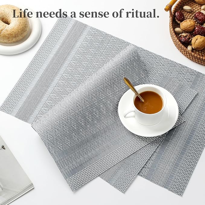 Leetaltree Lunar Grey Placemats Set of 6 - Heat Resistant Non-Slip Place mats for Dining Table, Washable Durable PVC Vinyl Woven Table Mats（Lunar Grey, 6） - Image 6