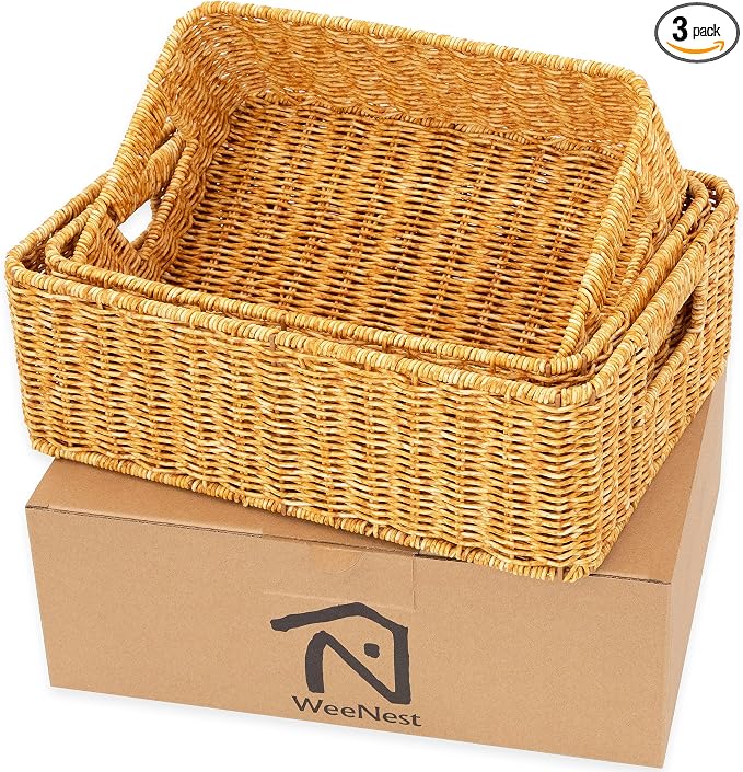 WeeNest Baskets for Storage, Wicker Basket, Rectangular, Set of 3, Amber | Baskets for Organizing, Pantry Basket, Undershelf Wicker Storage, Storage Baskets for Closet, Baskets for Shelves by WeeNest
