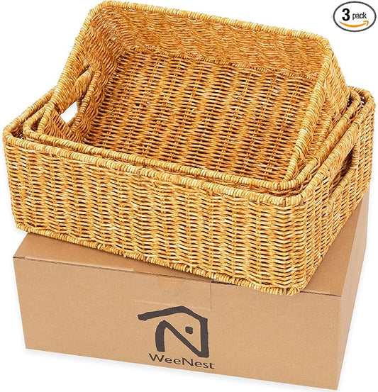 WeeNest Baskets for Storage, Wicker Basket, Rectangular, Set of 3, Amber | Baskets for Organizing, Pantry Basket, Undershelf Wicker Storage, Storage Baskets for Closet, Baskets for Shelves by WeeNest