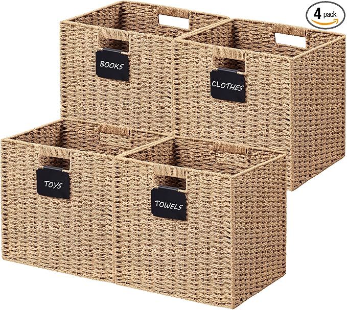 UBBCARE 4 Pack Wicker Basket, 12×12 Storage Cubes with Label, Foldable Cube Storage Bin with Handle, Square Storage Basket for Shelves, Woven Paper Rope Basket for Organizing, Light Brown by UBBCARE