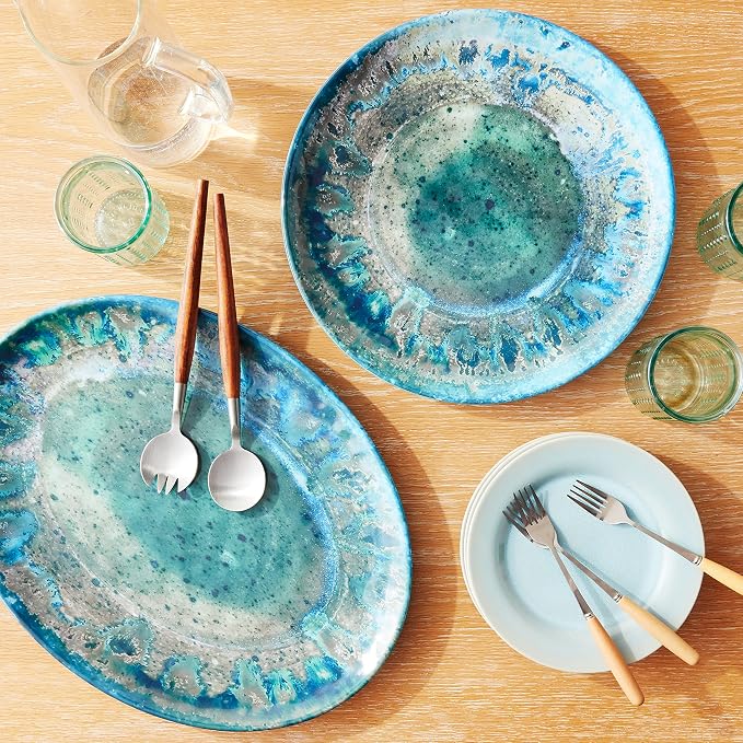 Radiance Teal 2pc Melamine Platter Set – 14" Round & 18"x13.5" Oval Serving Trays – Reactive Glaze Style Artisan Serveware for Entertaining, Holidays, Dinner Parties, or Gifts - Image 5