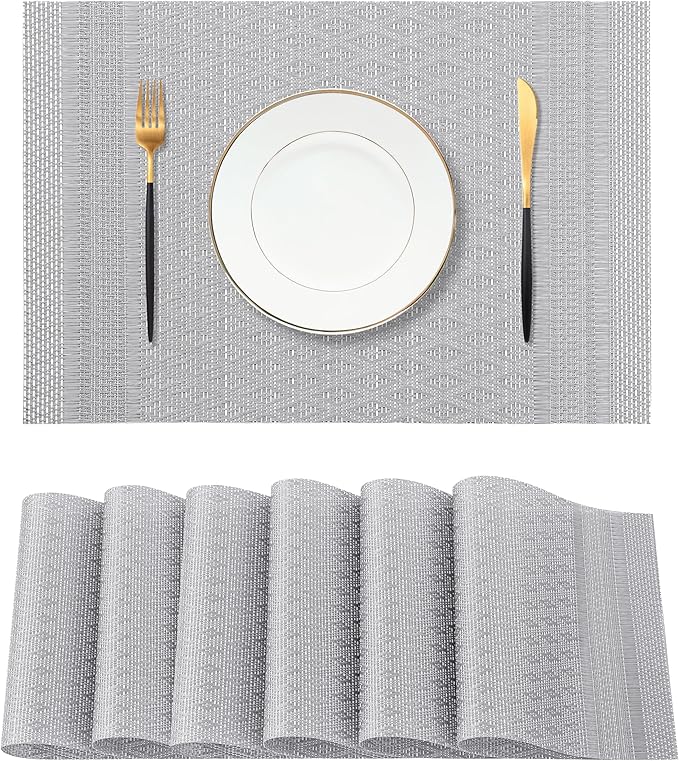 Leetaltree Lunar Grey Placemats Set of 6 - Heat Resistant Non-Slip Place mats for Dining Table, Washable Durable PVC Vinyl Woven Table Mats（Lunar Grey, 6） by Leetaltree-ArtatEveryTable