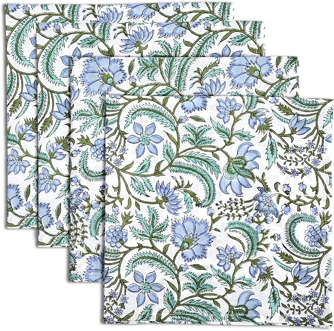 Columbia Blue Hand Block Print 100% Cotton Napkins 18" x 18" (Set of 4) Reuseable Kitchen Napkins Cloth Decor Dinner Party Wedding Cocktail Gift for Spring, Easter, Summer by Ridhi