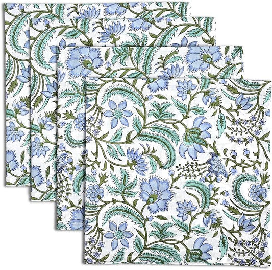 Columbia Blue Hand Block Print 100% Cotton Napkins 18" x 18" (Set of 4) Reuseable Kitchen Napkins Cloth Decor Dinner Party Wedding Cocktail Gift for Spring, Easter, Summer by Ridhi