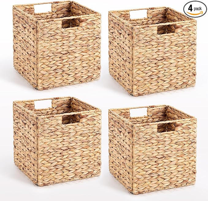 10.5 x 10.5in Wicker Storage Baskets, Cube Foldable Water Hyacinth Storage Baskets for 11 x 11 Cube Shelves Set of 4 by JYXIN